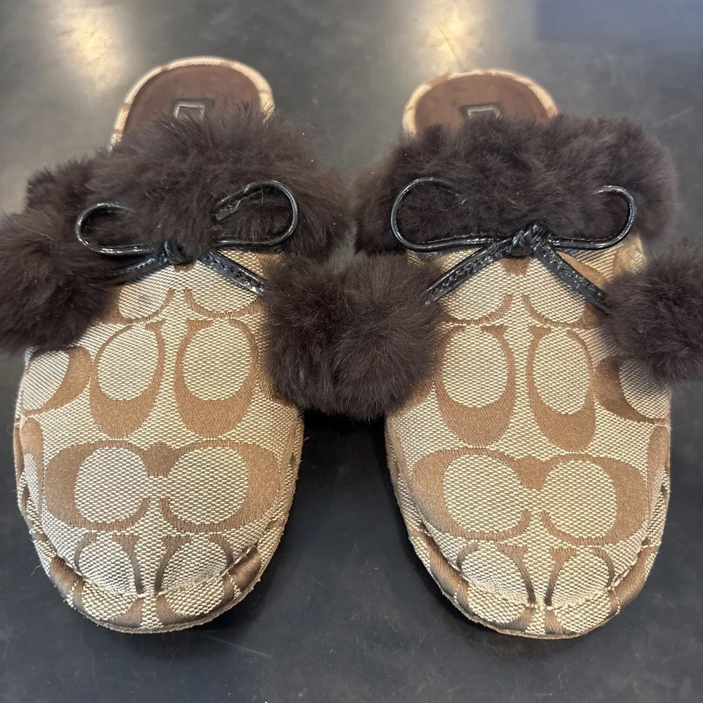 Coach Signature Fur Trim Mule Slippers Women's Brown Logo SlipOn House Shoes Sz5 - Picture 9 of 9